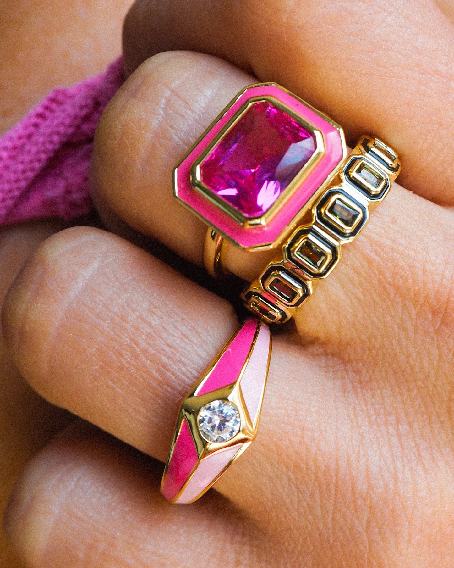 Pyramid Stud Signet Ring - Pink - Gold