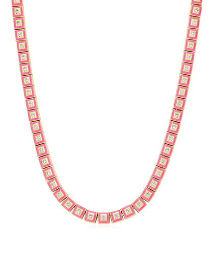 Pyramid Stud Tennis Necklace - Hot pink - Gold